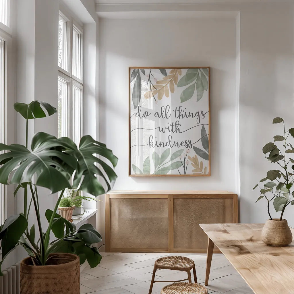 Sage Sayings IV Neutral by Becky Thorns. shown as a print in a natural wood frame in a dining room. Available as a archival giclee rolled canvas, fine art paper, or poster print. SKU 68428h.