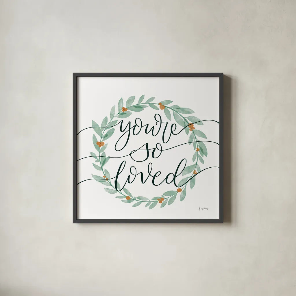 Sage Sayings Wreath II by Becky Thorns. Shown in a sleek black glass frame for a contemporary gallery look. Available as an archival giclee rolled canvas, fine art paper, or poster print. SKU 66461a.