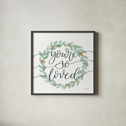 Sage Sayings Wreath II by Becky Thorns. Shown in a sleek black glass frame for a contemporary gallery look. Available as an archival giclee rolled canvas, fine art paper, or poster print. SKU 66461a.