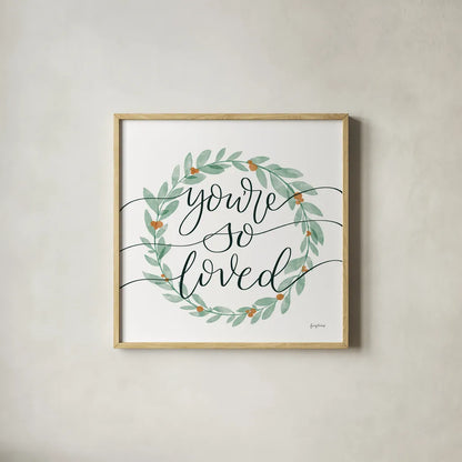 Sage Sayings Wreath II by Becky Thorns. Shown in a natural wood glass frame for a timeless modern aesthetic. Available as an archival giclee rolled canvas, fine art paper, or poster print. SKU 66461a.