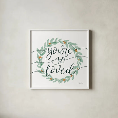 Sage Sayings Wreath II by Becky Thorns. Shown in a crisp white glass frame for a clean and minimalist style. Available as an archival giclee rolled canvas, fine art paper, or poster print. SKU 66461a.