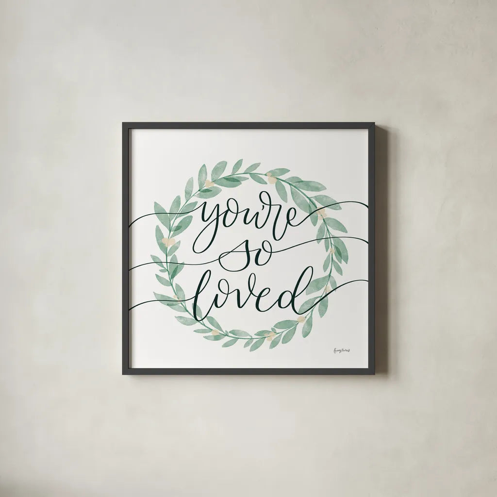 Sage Sayings Wreath II Cream Berries by Becky Thorns. Shown in a sleek black glass frame for a contemporary gallery look. Available as an archival giclee rolled canvas, fine art paper, or poster print. SKU 76378a.