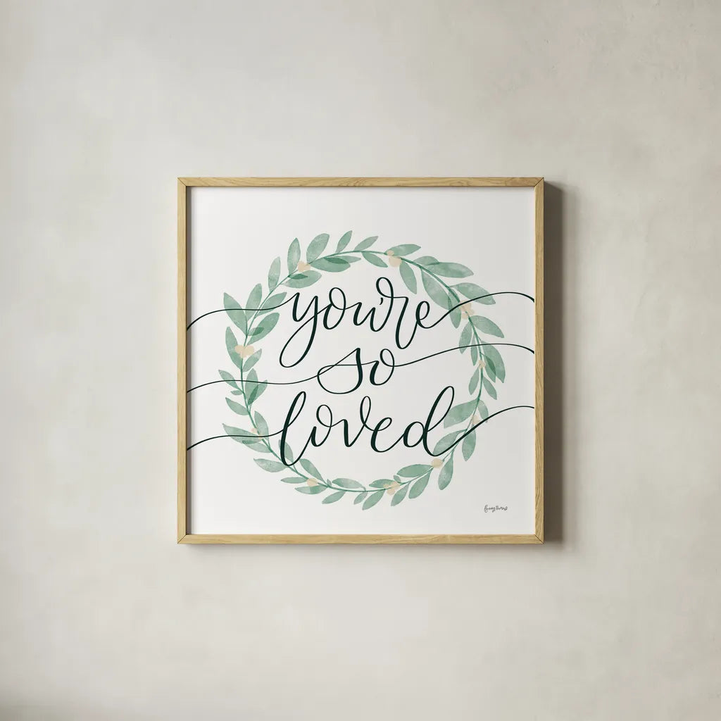 Sage Sayings Wreath II Cream Berries by Becky Thorns. Shown in a natural wood glass frame for a timeless modern aesthetic. Available as an archival giclee rolled canvas, fine art paper, or poster print. SKU 76378a.