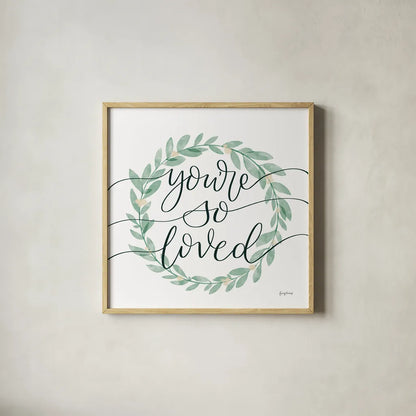 Sage Sayings Wreath II Cream Berries by Becky Thorns. Shown in a natural wood glass frame for a timeless modern aesthetic. Available as an archival giclee rolled canvas, fine art paper, or poster print. SKU 76378a.