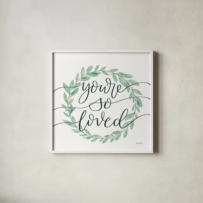 Sage Sayings Wreath II Cream Berries by Becky Thorns. Shown in a crisp white glass frame for a clean and minimalist style. Available as an archival giclee rolled canvas, fine art paper, or poster print. SKU 76378a.
