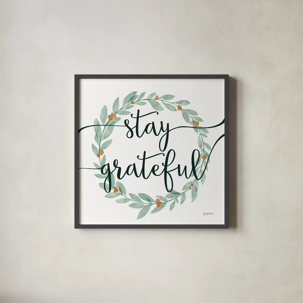 Sage Sayings Wreath III by Becky Thorns. Shown in a sleek black glass frame for a contemporary gallery look. Available as an archival giclee rolled canvas, fine art paper, or poster print. SKU 68252a.