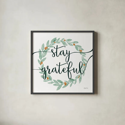 Sage Sayings Wreath III by Becky Thorns. Shown in a sleek black glass frame for a contemporary gallery look. Available as an archival giclee rolled canvas, fine art paper, or poster print. SKU 68252a.