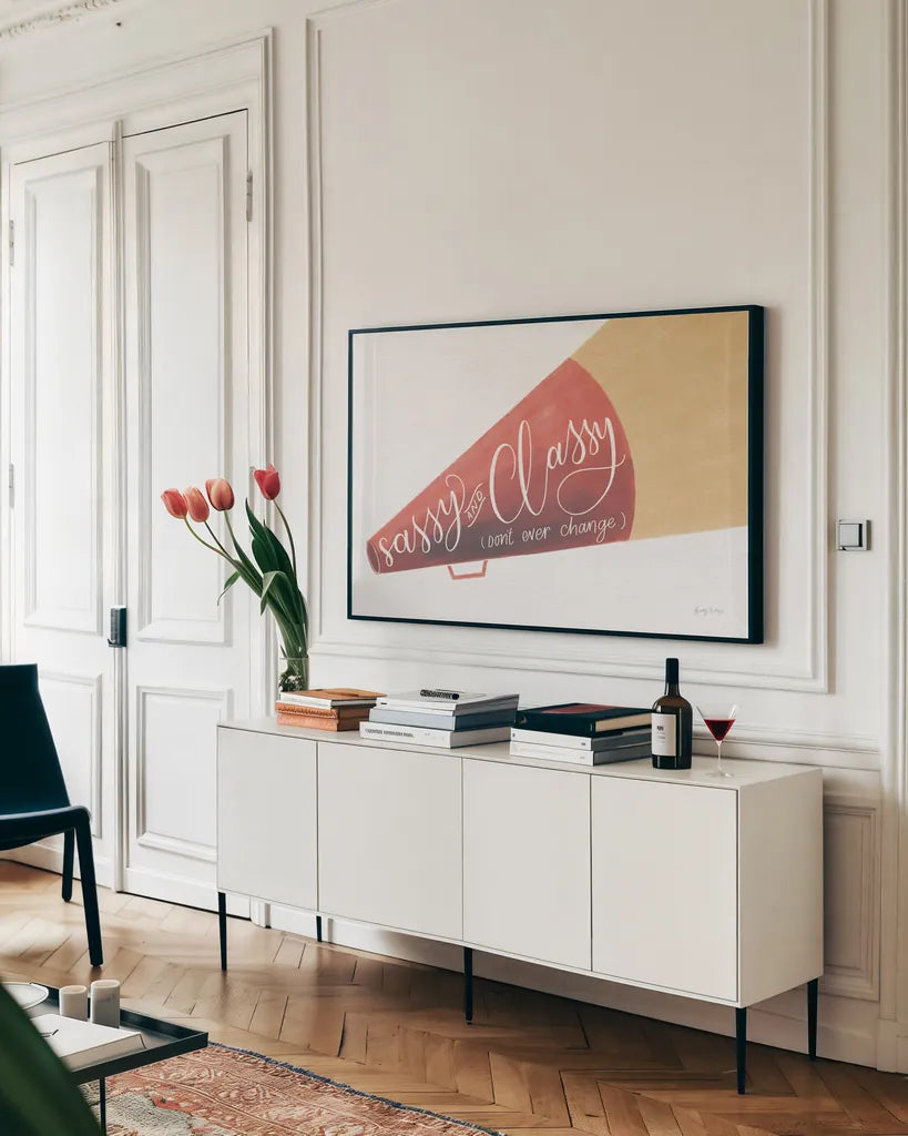 Sassy and Classy by Becky Thorns. shown as a framed stretched canvas in a living room above a console. Available as a archival giclee rolled canvas, fine art paper, or poster print. SKU 61414i.