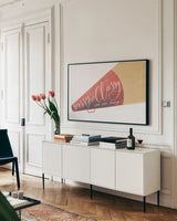 Sassy and Classy by Becky Thorns. shown as a framed stretched canvas in a living room above a console. Available as a archival giclee rolled canvas, fine art paper, or poster print. SKU 61414i.