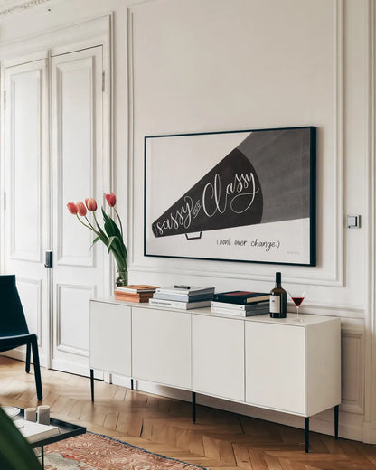 Sassy and Classy BW by Becky Thorns. shown as a framed stretched canvas in a living room above a console. Available as a archival giclee rolled canvas, fine art paper, or poster print. SKU 61415i.