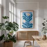 Scandi Flowers I by Becky Thorns. shown as a print in a natural wood frame in a dining room. Available as a archival giclee rolled canvas, fine art paper, or poster print. SKU 96666h.