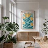 Scandi Flowers II by Becky Thorns. shown as a print in a natural wood frame in a dining room. Available as a archival giclee rolled canvas, fine art paper, or poster print. SKU 96667h.