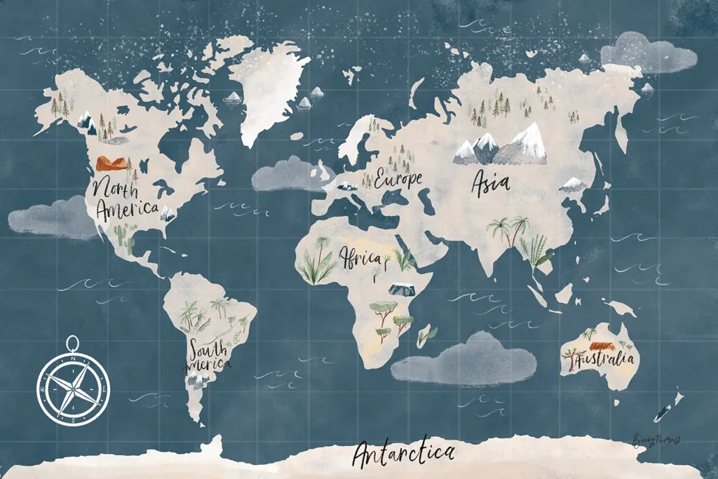 ScandiMap I Blue by Becky Thorns. SKU 64484i. Archival Giclee Fine art print for wall decor.