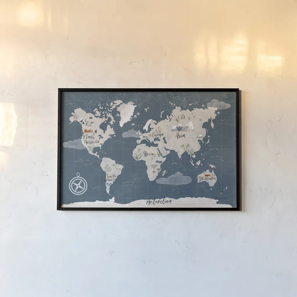 ScandiMap I Blue by Becky Thorns. shown as a paper print in a black flame. Available as a archival giclee rolled canvas, fine art paper, or poster print. SKU 64484i.