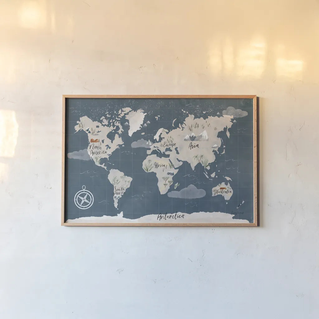 ScandiMap I Blue by Becky Thorns. shown as a paper print in a natural frame. Available as a archival giclee rolled canvas, fine art paper, or poster print. SKU 64484i.