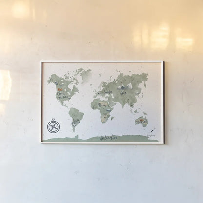 ScandiMap I White by Becky Thorns. shown as a paper print in a white frame. Available as a archival giclee rolled canvas, fine art paper, or poster print. SKU 64485i.