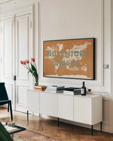 ScandiMap II Brown by Becky Thorns. shown as a framed stretched canvas in a living room above a console. Available as a archival giclee rolled canvas, fine art paper, or poster print. SKU 64486i.