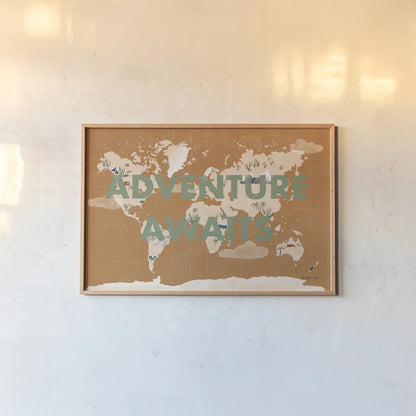 ScandiMap II Brown by Becky Thorns. shown as a paper print in a natural frame. Available as a archival giclee rolled canvas, fine art paper, or poster print. SKU 64486i.