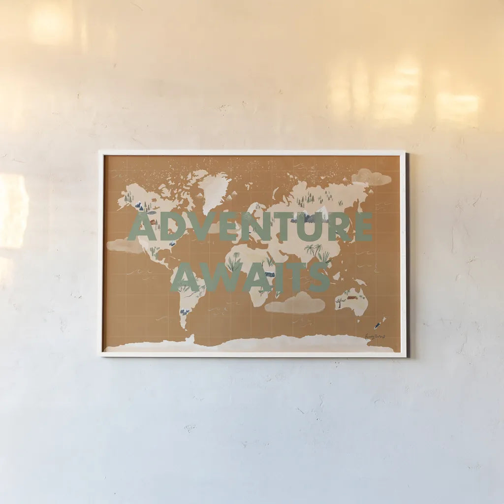 ScandiMap II Brown by Becky Thorns. shown as a paper print in a white frame. Available as a archival giclee rolled canvas, fine art paper, or poster print. SKU 64486i.