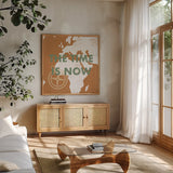 ScandiMap III Brown by Becky Thorns. Shown in a natural wood frame in a cozy modern living room. Available as an archival giclee rolled canvas, fine art paper, or poster print. SKU 64488a.