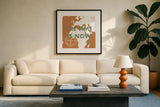 ScandiMap III Brown by Becky Thorns. Displayed in a glass frame with matte in a clean modern living room. Available as an archival giclee rolled canvas, fine art paper, or poster print. SKU 64488a.