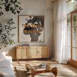 ScandiMap III White by Becky Thorns. Shown in a natural wood frame in a cozy modern living room. Available as an archival giclee rolled canvas, fine art paper, or poster print. SKU 64489a.