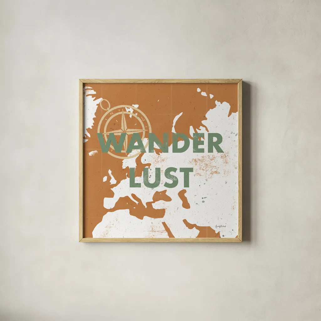 ScandiMap IV Brown by Becky Thorns. Shown in a natural wood glass frame for a timeless modern aesthetic. Available as an archival giclee rolled canvas, fine art paper, or poster print. SKU 64490a.