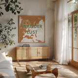 ScandiMap IV Brown by Becky Thorns. Shown in a natural wood frame in a cozy modern living room. Available as an archival giclee rolled canvas, fine art paper, or poster print. SKU 64490a.