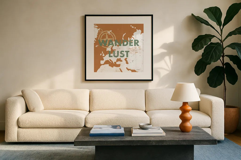 ScandiMap IV Brown by Becky Thorns. Displayed in a glass frame with matte in a clean modern living room. Available as an archival giclee rolled canvas, fine art paper, or poster print. SKU 64490a.