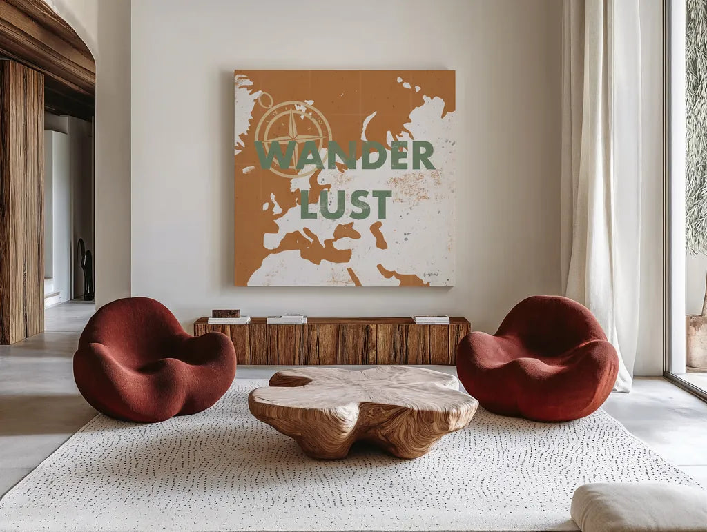 ScandiMap IV Brown by Becky Thorns. Shown as extra-large giant wall art in a modern living room. Available as an archival giclee rolled canvas, fine art paper, or poster print. SKU 64490a.