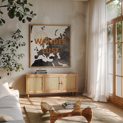 ScandiMap IV White by Becky Thorns. Shown in a natural wood frame in a cozy modern living room. Available as an archival giclee rolled canvas, fine art paper, or poster print. SKU 64491a.