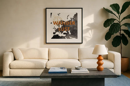 ScandiMap IV White by Becky Thorns. Displayed in a glass frame with matte in a clean modern living room. Available as an archival giclee rolled canvas, fine art paper, or poster print. SKU 64491a.