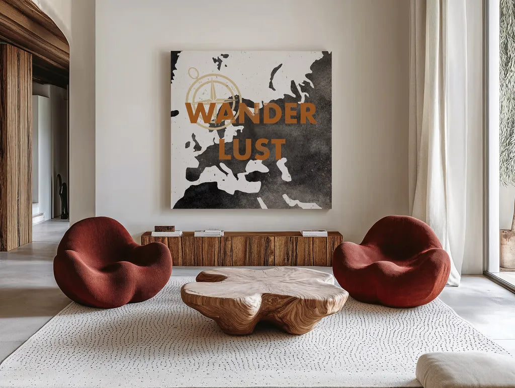 ScandiMap IV White by Becky Thorns. Shown as extra-large giant wall art in a modern living room. Available as an archival giclee rolled canvas, fine art paper, or poster print. SKU 64491a.