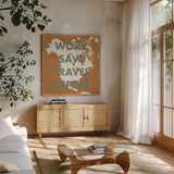 ScandiMap V Brown by Becky Thorns. Shown in a natural wood frame in a cozy modern living room. Available as an archival giclee rolled canvas, fine art paper, or poster print. SKU 64492a.
