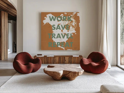 ScandiMap V Brown by Becky Thorns. Shown as extra-large giant wall art in a modern living room. Available as an archival giclee rolled canvas, fine art paper, or poster print. SKU 64492a.