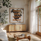 ScandiMap V White by Becky Thorns. Shown in a natural wood frame in a cozy modern living room. Available as an archival giclee rolled canvas, fine art paper, or poster print. SKU 64493a.