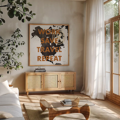 ScandiMap V White by Becky Thorns. Shown in a natural wood frame in a cozy modern living room. Available as an archival giclee rolled canvas, fine art paper, or poster print. SKU 64493a.