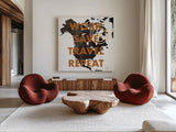 ScandiMap V White by Becky Thorns. Shown as extra-large giant wall art in a modern living room. Available as an archival giclee rolled canvas, fine art paper, or poster print. SKU 64493a.