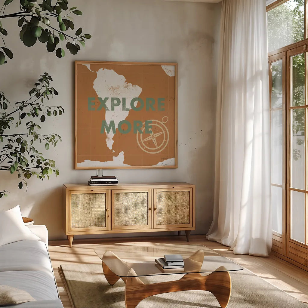 ScandiMap VI Brown by Becky Thorns. Shown in a natural wood frame in a cozy modern living room. Available as an archival giclee rolled canvas, fine art paper, or poster print. SKU 64494a.