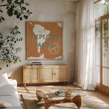 ScandiMap VI Brown by Becky Thorns. Shown in a natural wood frame in a cozy modern living room. Available as an archival giclee rolled canvas, fine art paper, or poster print. SKU 64494a.