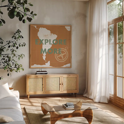 ScandiMap VI Brown by Becky Thorns. Shown in a natural wood frame in a cozy modern living room. Available as an archival giclee rolled canvas, fine art paper, or poster print. SKU 64494a.