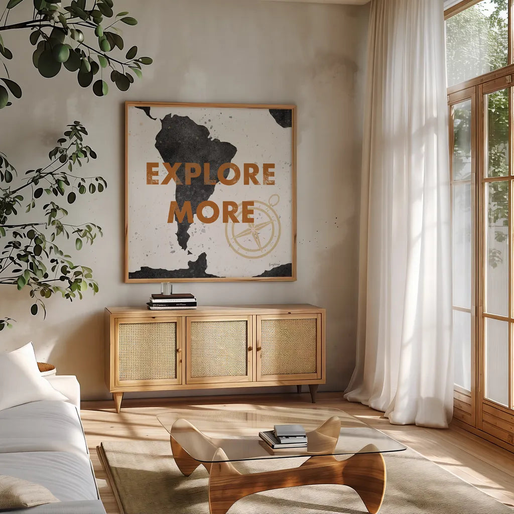 ScandiMap VI White by Becky Thorns. Shown in a natural wood frame in a cozy modern living room. Available as an archival giclee rolled canvas, fine art paper, or poster print. SKU 64495a.