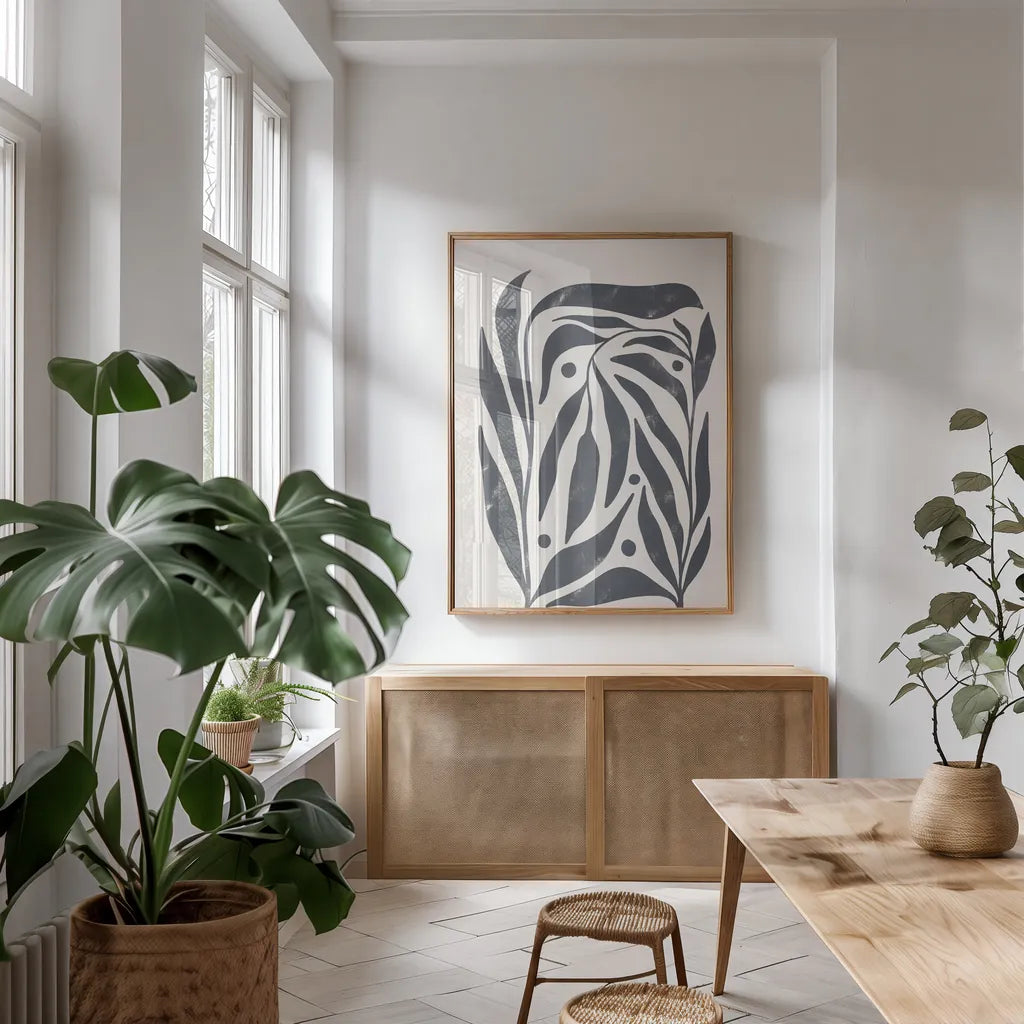 Simple Botanical I by Becky Thorns. shown as a print in a natural wood frame in a dining room. Available as a archival giclee rolled canvas, fine art paper, or poster print. SKU 87469h.