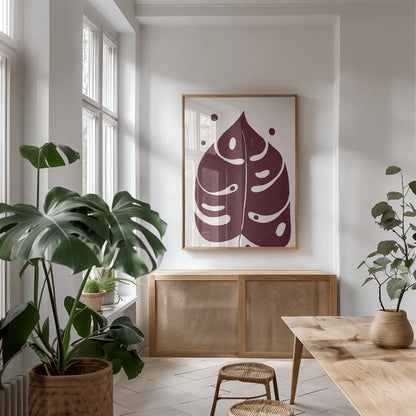Simple Botanical II by Becky Thorns. shown as a print in a natural wood frame in a dining room. Available as a archival giclee rolled canvas, fine art paper, or poster print. SKU 87470h.