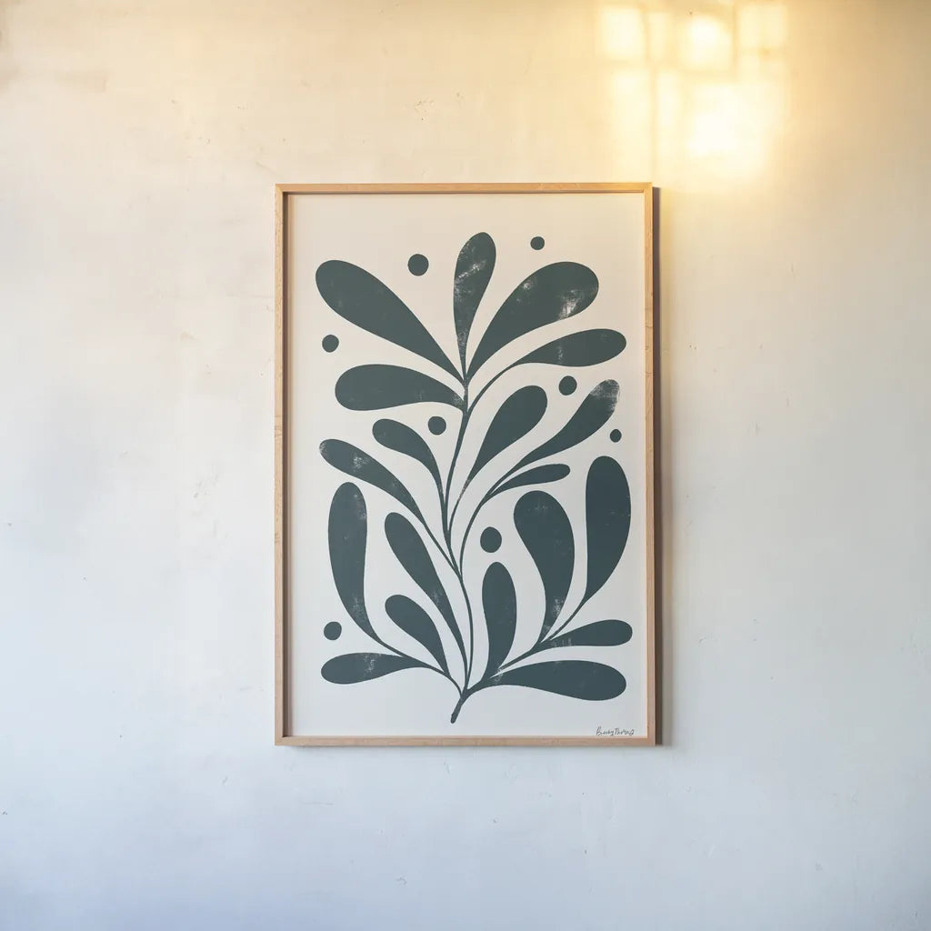 Simple Botanical III by Becky Thorns. shown as a paper print in a natural frame. Available as a archival giclee rolled canvas, fine art paper, or poster print. SKU 87471h.