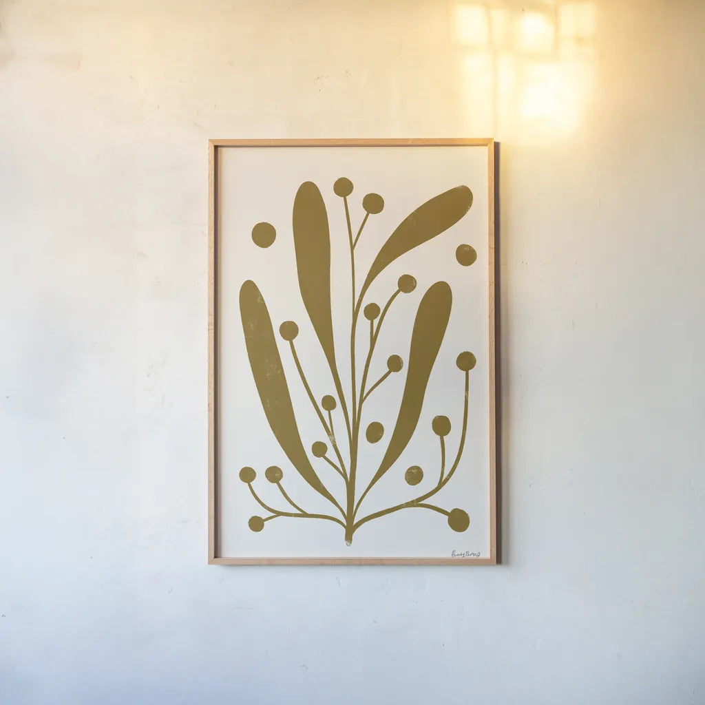 Simple Botanical IV by Becky Thorns. shown as a paper print in a natural frame. Available as a archival giclee rolled canvas, fine art paper, or poster print. SKU 87472h.