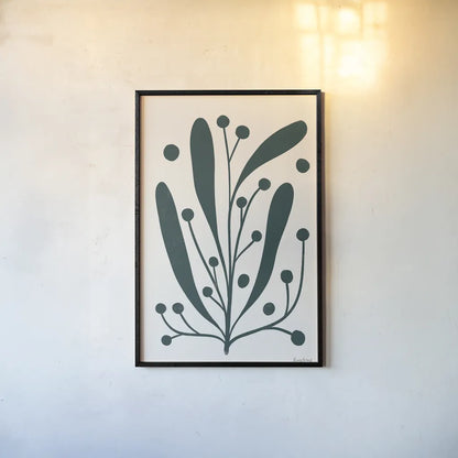 Simple Botanical IV Green by Becky Thorns. shown as a paper print in a black flame. Available as a archival giclee rolled canvas, fine art paper, or poster print. SKU 88494h.
