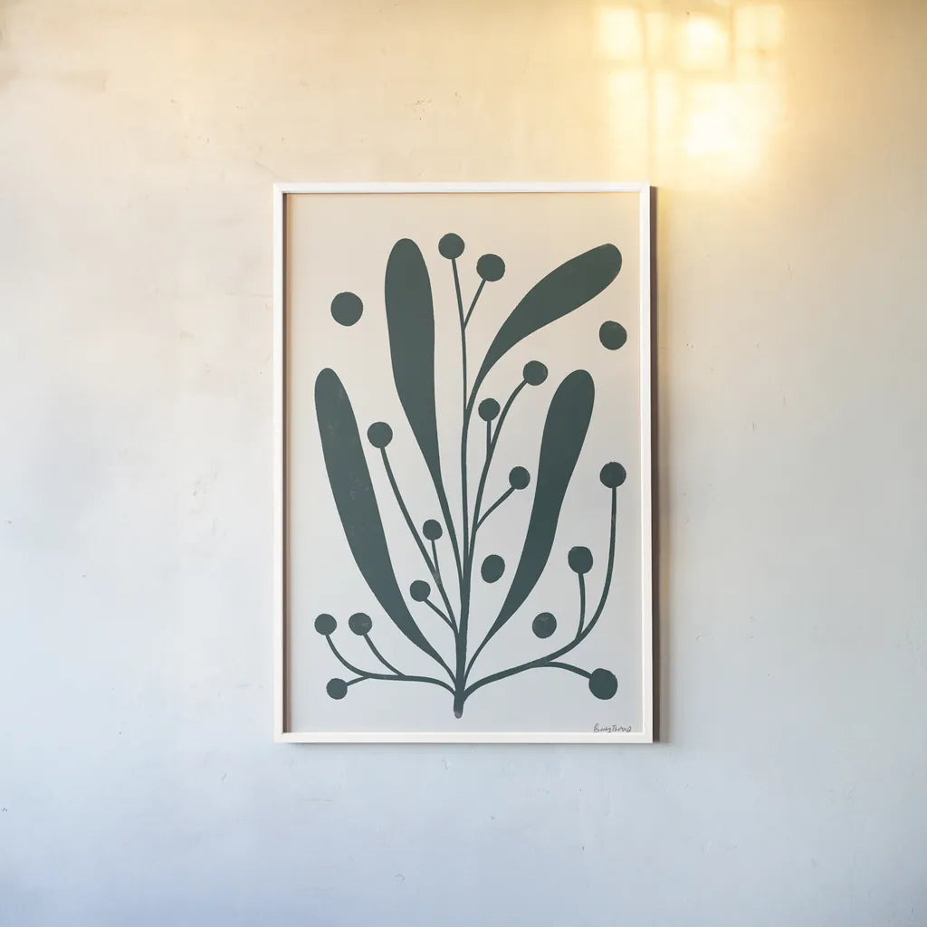 Simple Botanical IV Green by Becky Thorns. shown as a paper print in a white frame. Available as a archival giclee rolled canvas, fine art paper, or poster print. SKU 88494h.