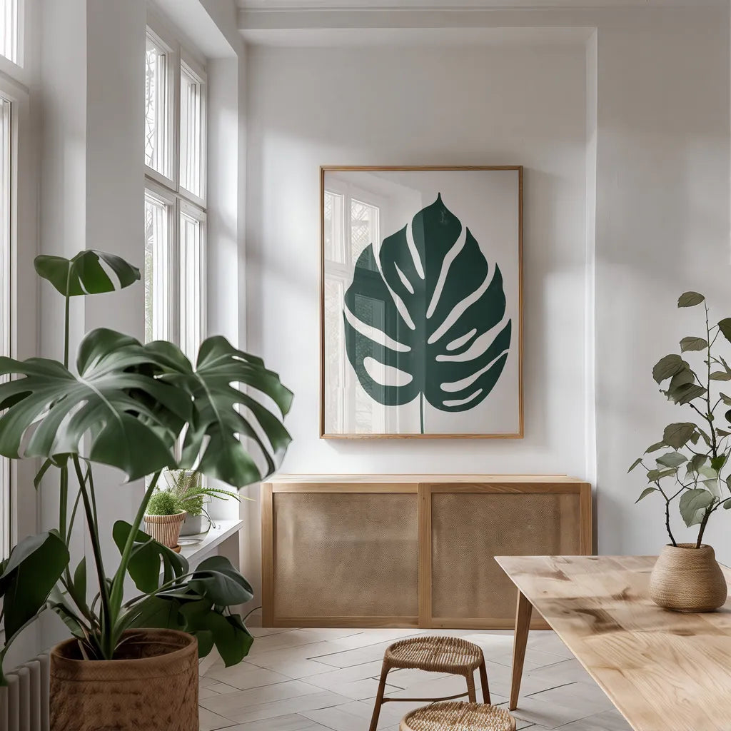 Simple Botanical V by Becky Thorns. shown as a print in a natural wood frame in a dining room. Available as a archival giclee rolled canvas, fine art paper, or poster print. SKU 88701h.