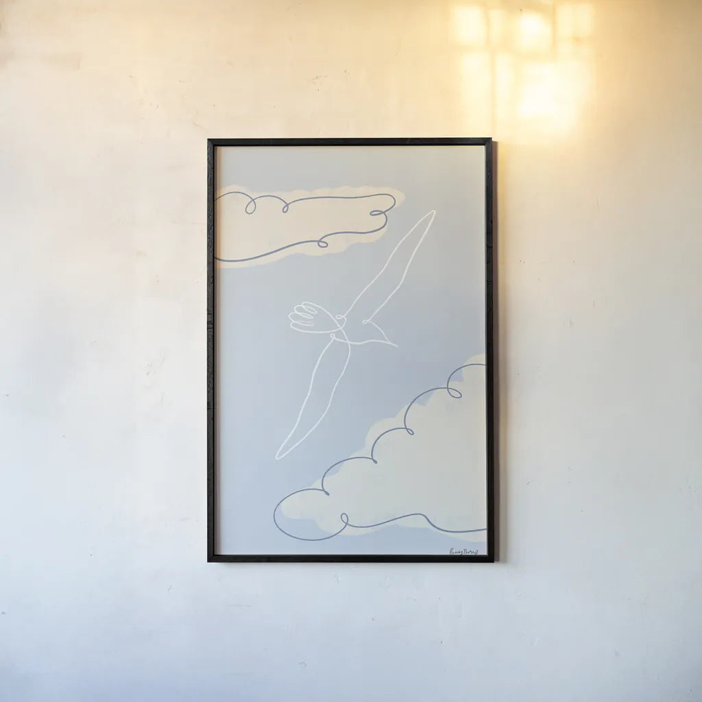 Soaring Seagull I by Becky Thorns. shown as a paper print in a black flame. Available as a archival giclee rolled canvas, fine art paper, or poster print. SKU 87641h.